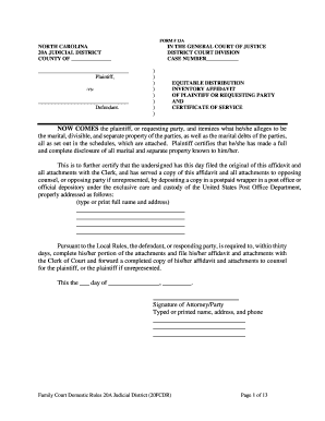 North Carolina Equitable Distribution Inventory Affidavit