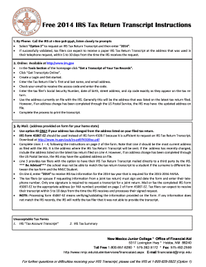 IRS Tax Return Transcript Instructions 2014