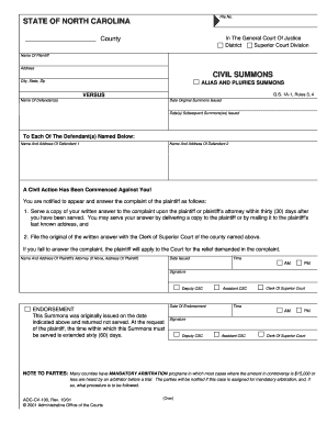 North Carolina Civil Summons