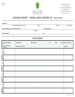 Pennsylvania Unclaimed Property Tangible Assets Inventory List
