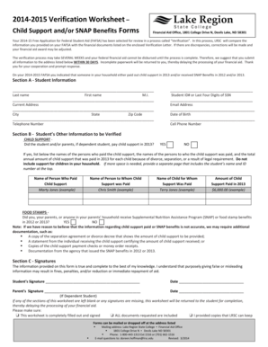 2014-2015 Verification Worksheet for Child Support and SNAP Benefits