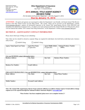 Ohio 2015 Annual Title Agent/Agency Review Form