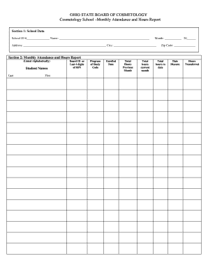 Ohio Cosmetology School Monthly Attendance Report