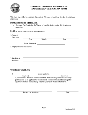 Gambling Disorder Endorsement Experience Verification Form