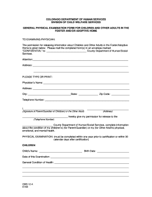 Colorado Foster Home Physical Exam Form