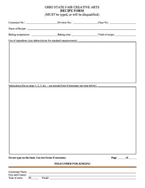 Ohio State Fair Creative Arts Recipe Form