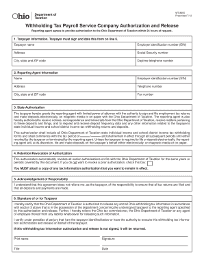 Ohio Withholding Tax Payroll Service Authorization