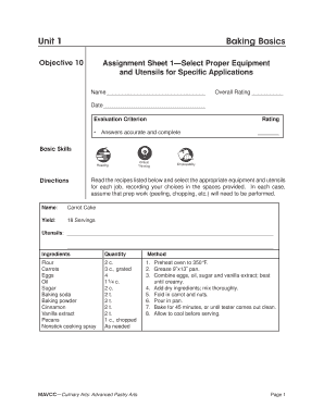 Culinary Arts Assignment Sheets