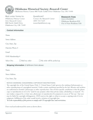 Oklahoma Historical Society Research Order Form