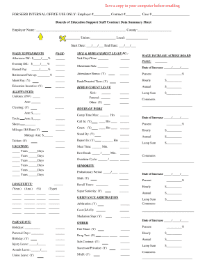 Boards of Education Support Staff Contract Data Summary Sheet