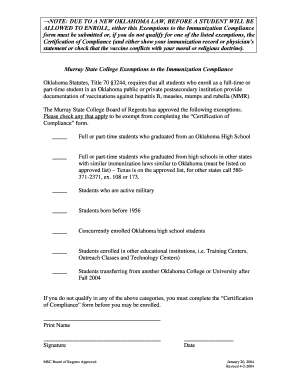 Murray State College Immunization Exemption Form