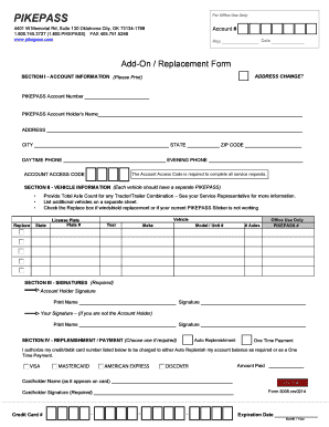 PIKEPASS Add-On Replacement Form