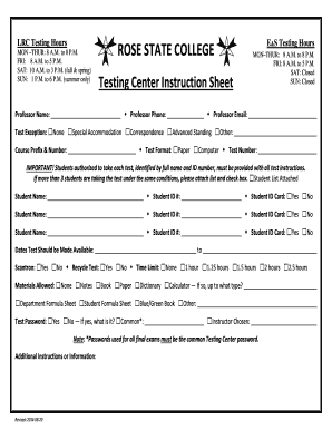 Testing Center Instruction Sheet