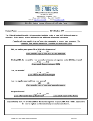 2015-2016 Student Income Resource Certification Form