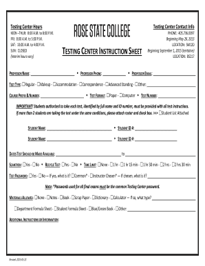 Testing Center Instruction Sheet