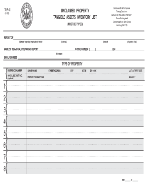 Pennsylvania Unclaimed Property Tangible Assets Inventory List
