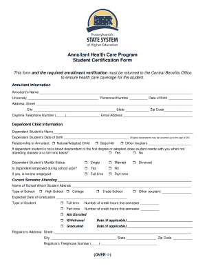 Annuitant Health Care Program Student Certification Form
