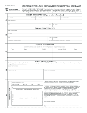 Pennsylvania Ignition Interlock Employment Exemption Affidavit