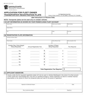 Pennsylvania Fleet Owner Transporter Registration Plate Application