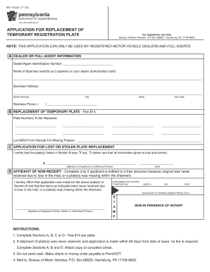 Pennsylvania Temporary Registration Plate Replacement Application