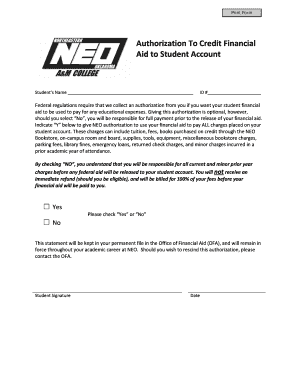 Authorization To Credit Financial Aid to Student Account