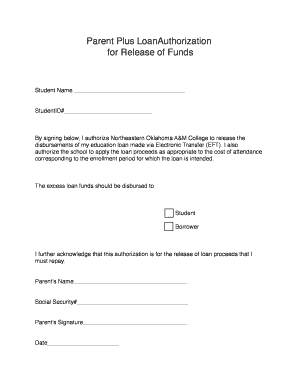 Parent Plus Loan Authorization for Release of Funds