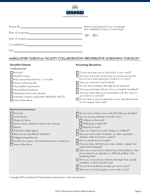 Ambulatory Surgical Facility Preoperative Screening Checklist