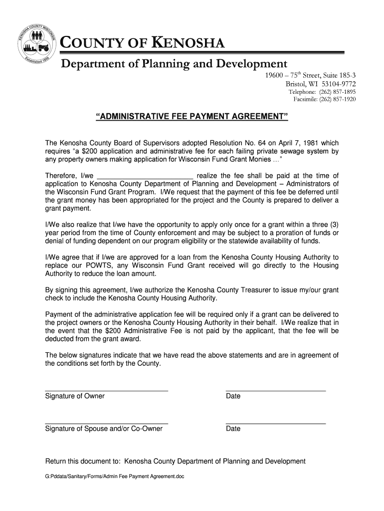 Fillable Online co kenosha wi ADMINISTRATIVE FEE PAYMENT AGREEMENT Fax ...