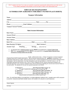 Town of South Kingstown Direct Payment Authorization