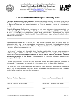 South Carolina Controlled Substance Prescriptive Authority Form