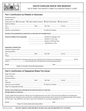 South Carolina Waste Tire Manifest
