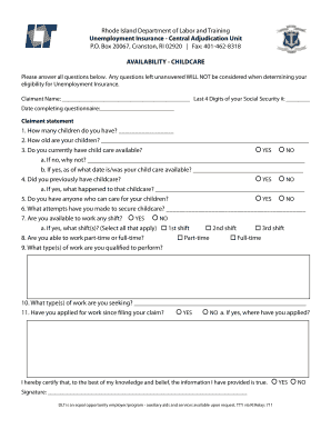 Rhode Island Unemployment Insurance Childcare Availability Form