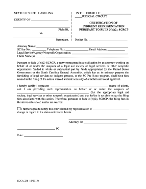 South Carolina Indigent Representation Certification