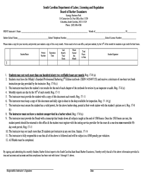 South Carolina Barber School Monthly Student Report