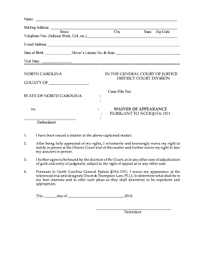 North Carolina Waiver of Appearance