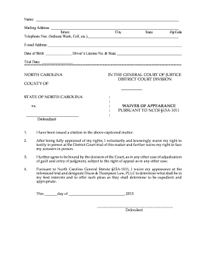 North Carolina Waiver of Appearance