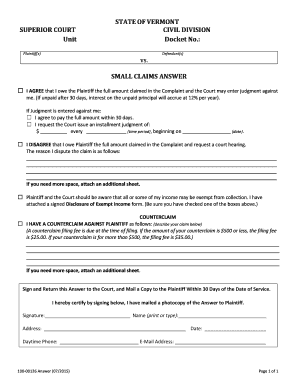 Vermont Small Claims Answer Form