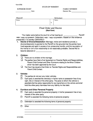 Vermont Divorce Decree Form 879S