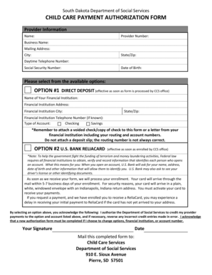 South Dakota Child Care Payment Authorization Form