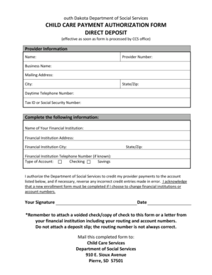 South Dakota Child Care Payment Authorization Form