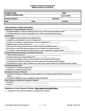 Parental Prior Written Notice for Special Education