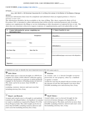 Texas Justice Court Civil Case Information Sheet