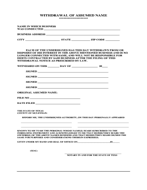 Texas Assumed Name Withdrawal Notice