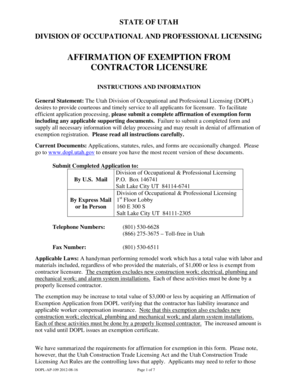 Utah Affirmation of Exemption from Contractor Licensure