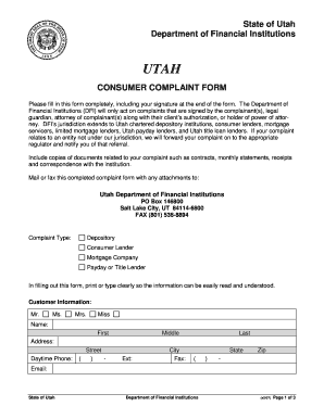 Utah Consumer Complaint Form