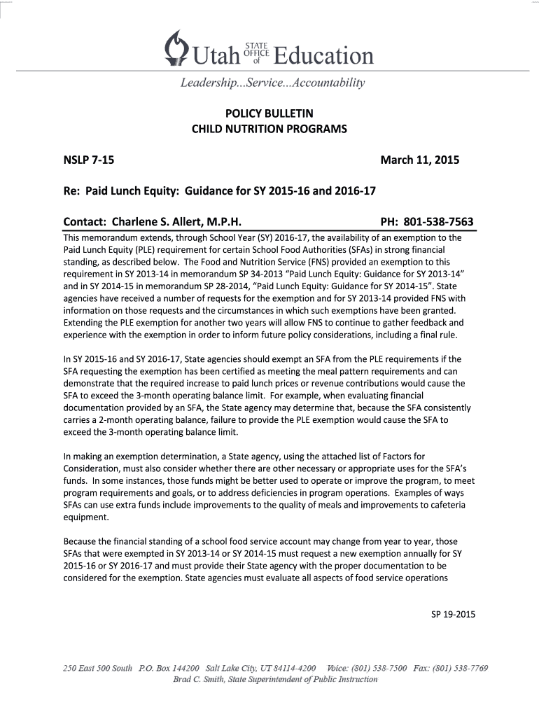Fillable Online schools utah POLICY BULLETIN CHILD NUTRITION PROGRAMS NSLP 715 March Fax Email