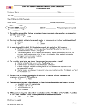 Utah WIC Vendor Cashier Training Assessment Test
