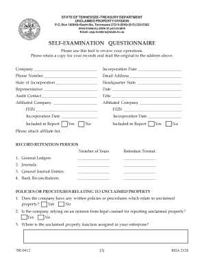 Tennessee Unclaimed Property Self-Examination Questionnaire