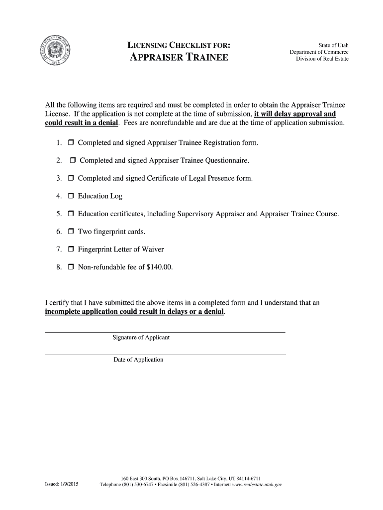 Fillable Online realestate utah LICENSING CHECKLIST FOR APPRAISER