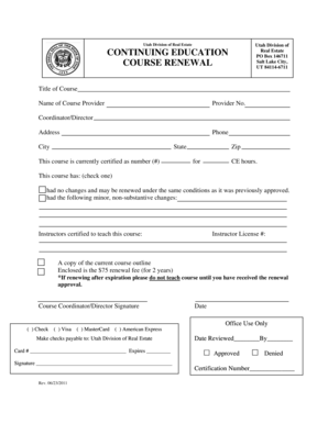 Utah Real Estate Course Renewal Form